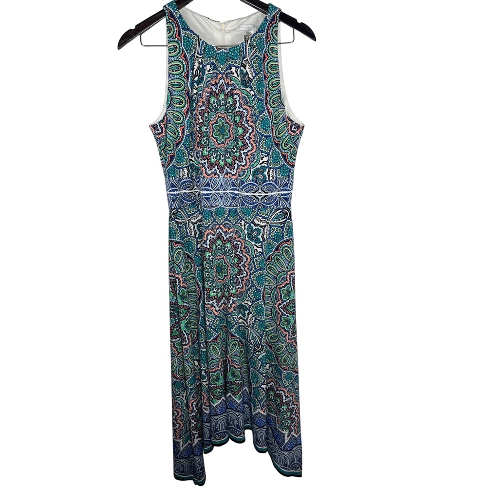London Times Dress Womens 10 Blue Green Mandala Handkerchief Hem‎ Sleeveless